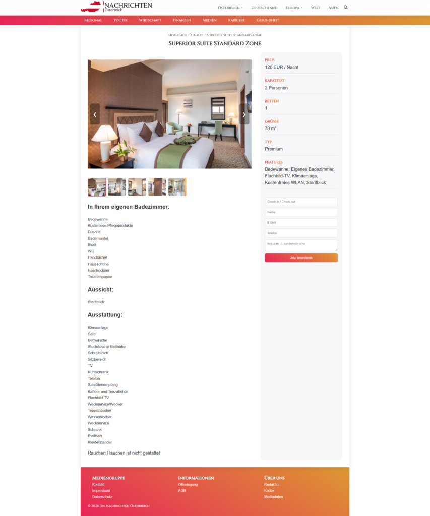 Detailansicht je Zimmer mit Buchungsformular und Verfügbarkeitscheck